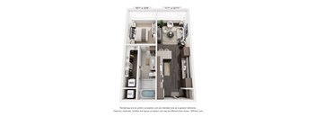 A 3D floor plan of a small apartment with a kitchen, living room, and bathroom.