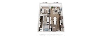 A 3D floor plan of a small apartment with a kitchen, living room, and bathroom.