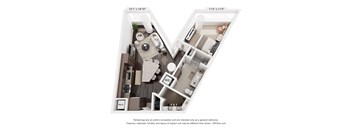 A 3D floor plan of a home with a kitchen, living room, and bathroom.