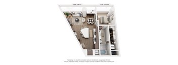 A 3D floor plan of a small apartment with a kitchen, living room, and bathroom.
