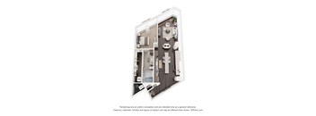 A 3D floor plan of a small apartment with a kitchen, living room, and bathroom.