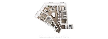 A 3D floor plan of a house with labeled rooms.