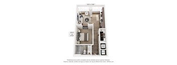 A floor plan of a small apartment with a kitchen, living room, and bathroom.