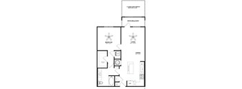 A black and white image of a floor plan for a home with a bedroom, living room, dining room, and bathroom.