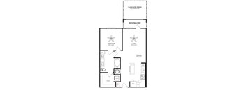 A black and white floor plan of an apartment with a bedroom, living room, dining room, and kitchen.