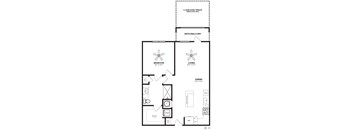 A floor plan of a home with a bedroom, living room, dining room, and a patio/balcony.