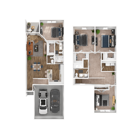 A floor plan of a two-story house with a garage.