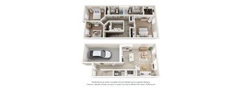 a stylized 3d floor plan of a house with a bedroom and living room