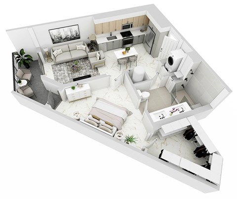 3d floor plan of a house with a bedroom and a living room