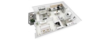 3d floor plan of a house with a bedroom and a living room