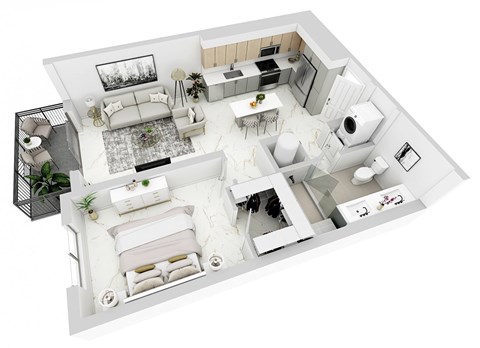 3d floor plan of a house with a bedroom and a living room