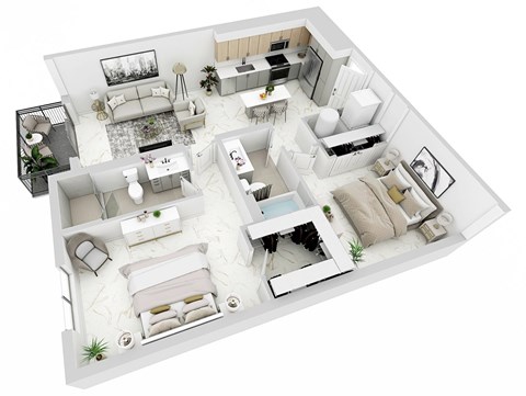 3d floor plan of a house with bedrooms and a living room