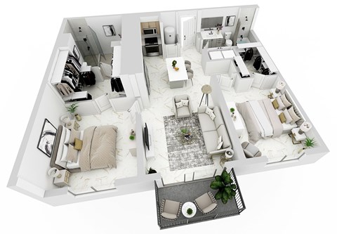 3d floor plan of a house with bedrooms and a living room