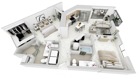 3d floor plan of a house with a bedroom and a living room
