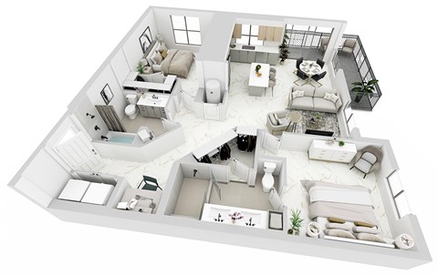 3d floor plan of a house with a bedroom and a living room