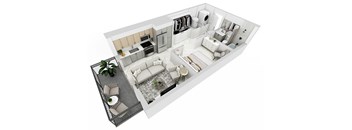3d view of the living room and kitchen of this apartments floor plan