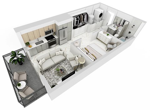 3d view of the living room and kitchen of this apartments floor plan