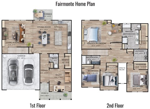 two floor plan of a house with furniture and a car in it