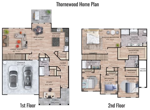two floor plan of the thomwood home plan with 2 bedrooms and 2 baths