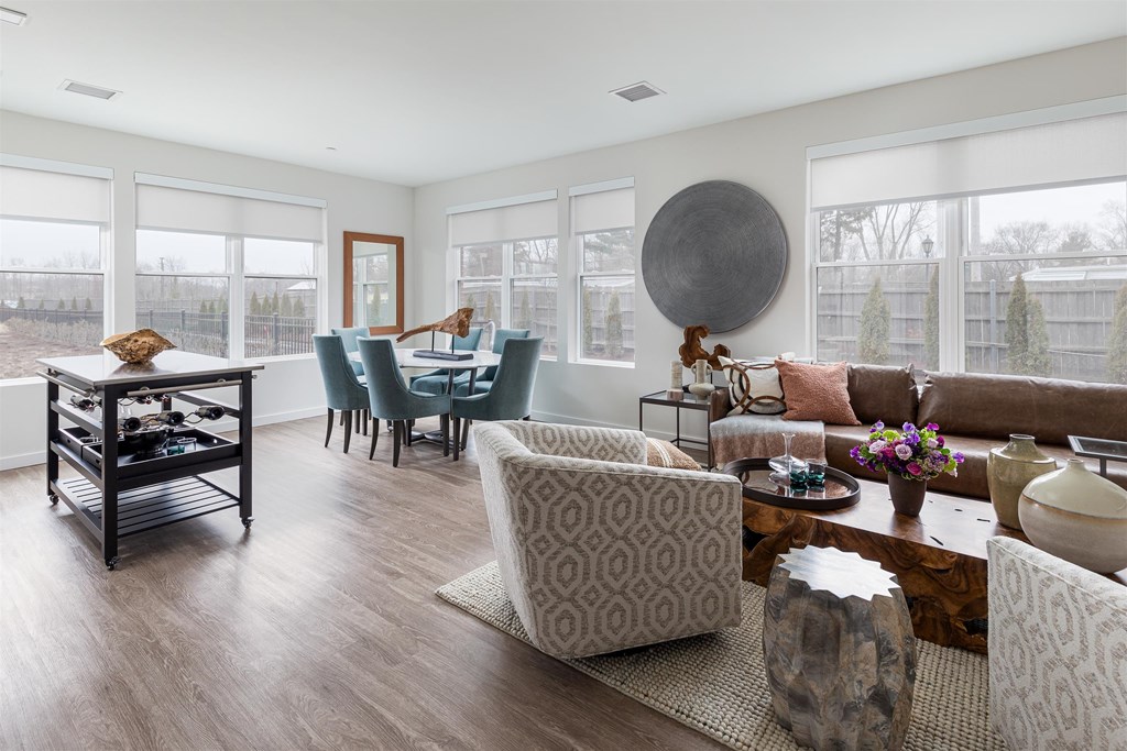 a living room with a couch and chairs and a dining room table