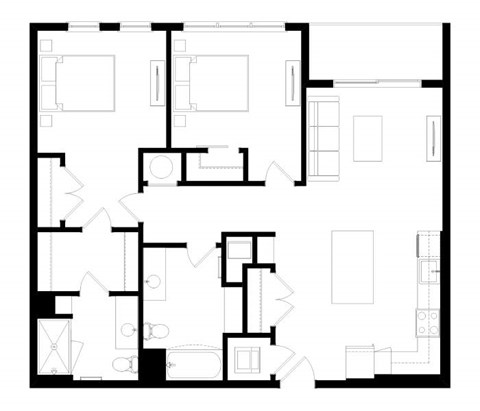 A black and white image of a floor plan with multiple rooms.