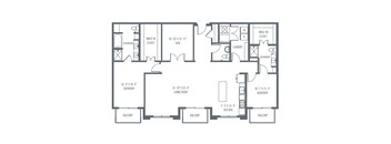 A floor plan of a house with three bedrooms, a living room, a kitchen, a laundry room, and three balconies.