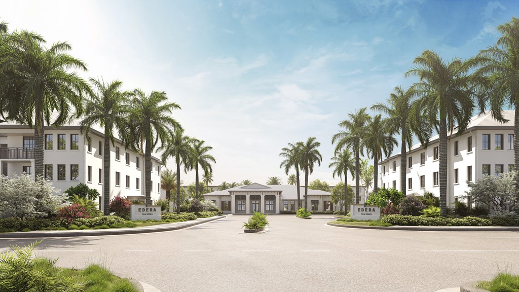 a rendering of a street with palm trees in front of houses