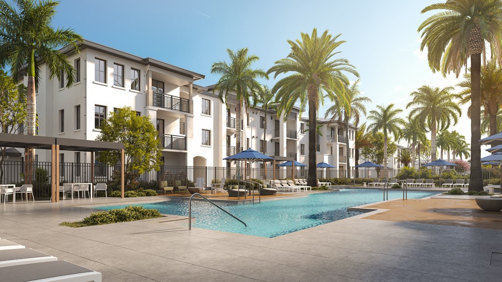 a rendering of an apartment building with a swimming pool