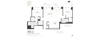 A floor plan for a property at Landmark West Loop shows two bedrooms, a living room, a bathroom, and other features.