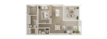 A top-down view of a modern apartment layout with a kitchen, living room, and bedrooms.