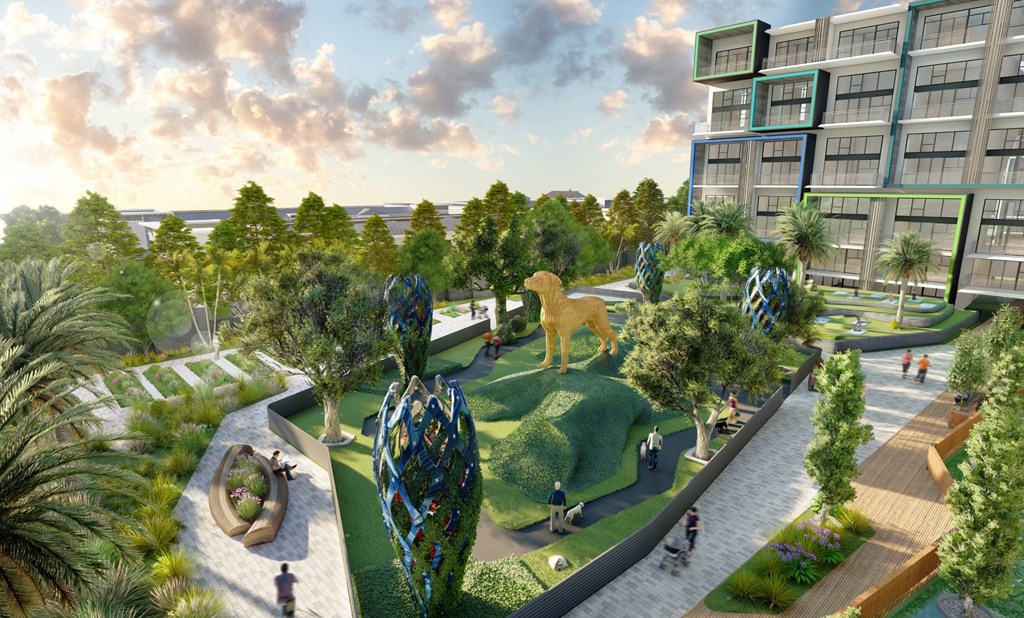 a rendering of a park with buildings and trees