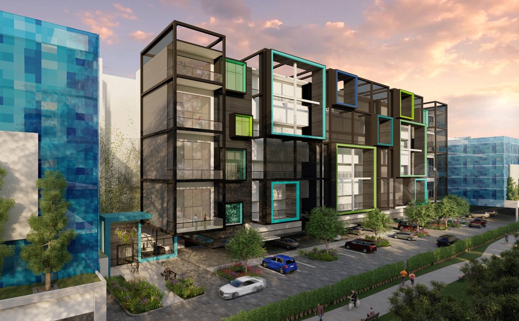 a rendering of a tall building with a street in front of it