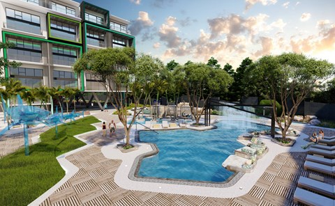 a rendering of a swimming pool at an apartment building with trees