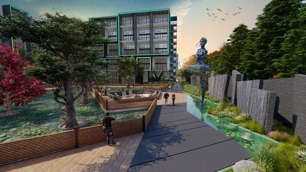 a rendering of a building with a fountain in front of it