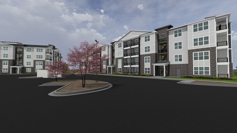 A modern apartment complex with a central courtyard and trees.