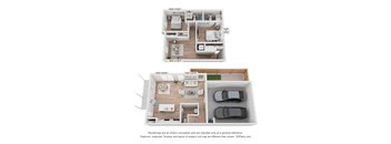 A floor plan of a two-bedroom apartment with a living room, kitchen, and bathroom.