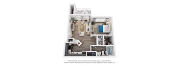 A 3D floor plan of a house with a kitchen, living room, and bathroom.