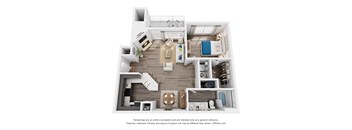 A 3D floor plan of a house with a kitchen, living room, and bedrooms.