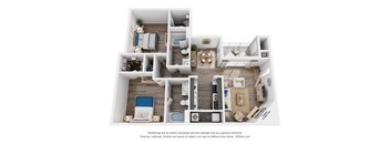 A 3D floor plan of a house with multiple rooms and furniture.