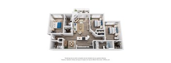 A 3D floor plan of a house with a kitchen, living room, and two bedrooms.