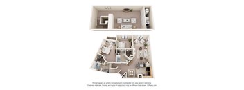 A 3D floor plan of a house with two levels.