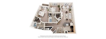 A 3D floor plan of a house with labeled rooms.