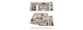 A 3D floor plan of a house with two levels, a living room, kitchen, dining area, bedrooms, and bathrooms.
