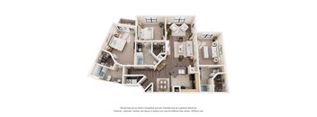 A 3D floor plan of a house with a kitchen, living room, and bathrooms.