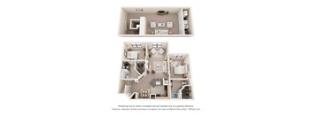 Two floor plan images of a house with a kitchen, living room, bedrooms and bathrooms.