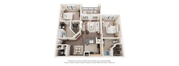 A 3D floor plan of a house with a kitchen, living room, and bathrooms.