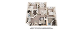 A 3D floor plan of a house with a kitchen, living room, dining room, and bathrooms.