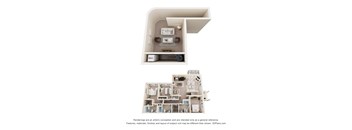 A 3D floor plan of a house with a kitchen, living room, and bathroom.