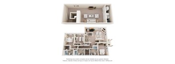 A 3D floor plan of a house with two bedrooms, a living room, a kitchen, and a bathroom.