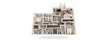 A 3D floor plan of a house with multiple rooms and furniture.